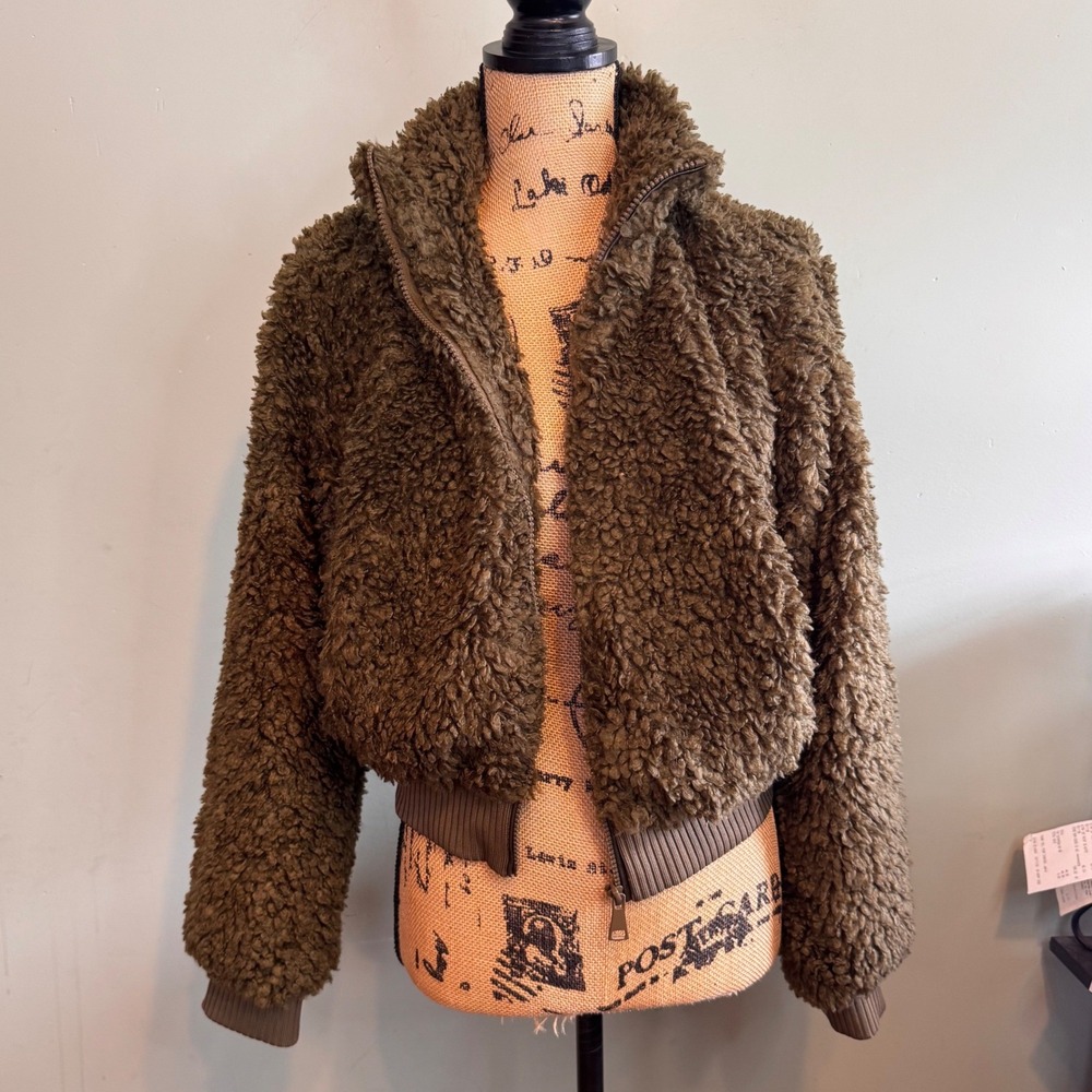 Love Tree Olive Green Faux Sherpa Teddy Bomber Jacket Small